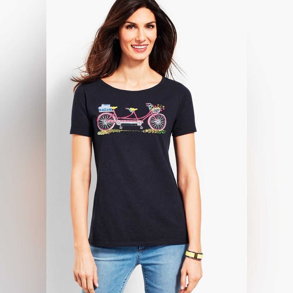 Talbots Double Seat Bicycle Tee Sz. XL Beaded Embroidered Whimsical